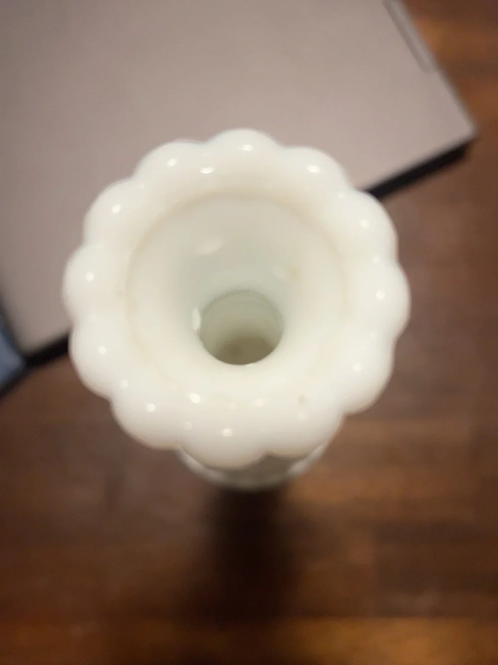 Vintage White Milk Glass Bud Vase Starburst Geometric Scalloped Rim